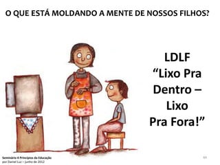 O QUE ESTÁ MOLDANDO A MENTE DE NOSSOS FILHOS?




                                        LDLF
                                     “Lixo Pra
                                      Dentro –
                                        Lixo
                                     Pra Fora!”

Seminário 4 Princípios da Educação            44
por Daniel Luz – junho de 2012
 