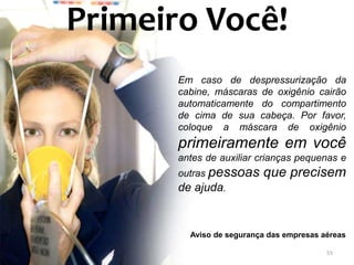 Primeiro Você!
       Em caso de despressurização da
       cabine, máscaras de oxigênio cairão
       automaticamente do compartimento
       de cima de sua cabeça. Por favor,
       coloque a máscara de oxigênio
       primeiramente em você
       antes de auxiliar crianças pequenas e
       outras pessoas     que precisem
       de ajuda.


         Aviso de segurança das empresas aéreas

                                          55
 