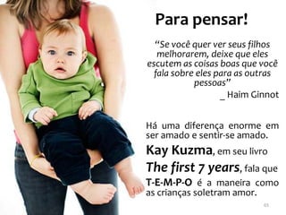 Para pensar!
  “Se você quer ver seus filhos
   melhorarem, deixe que eles
escutem as coisas boas que você
  fala sobre eles para as outras
            pessoas”
                   _ Haim Ginnot


Há uma diferença enorme em
ser amado e sentir-se amado.
Kay Kuzma, em seu livro
The first 7 years, fala que
T-E-M-P-O é a maneira como
as crianças soletram amor.
                             65
 