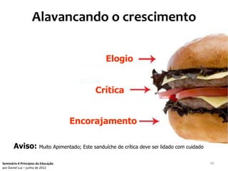 Alavancando o crescimento

                                            Elogio


                                          Crítica


                                     Encorajamento

       Aviso: Muito Apimentado; Este sanduíche de crítica deve ser lidado com cuidado

Seminário 4 Princípios da Educação                                                      66
por Daniel Luz – junho de 2012
 