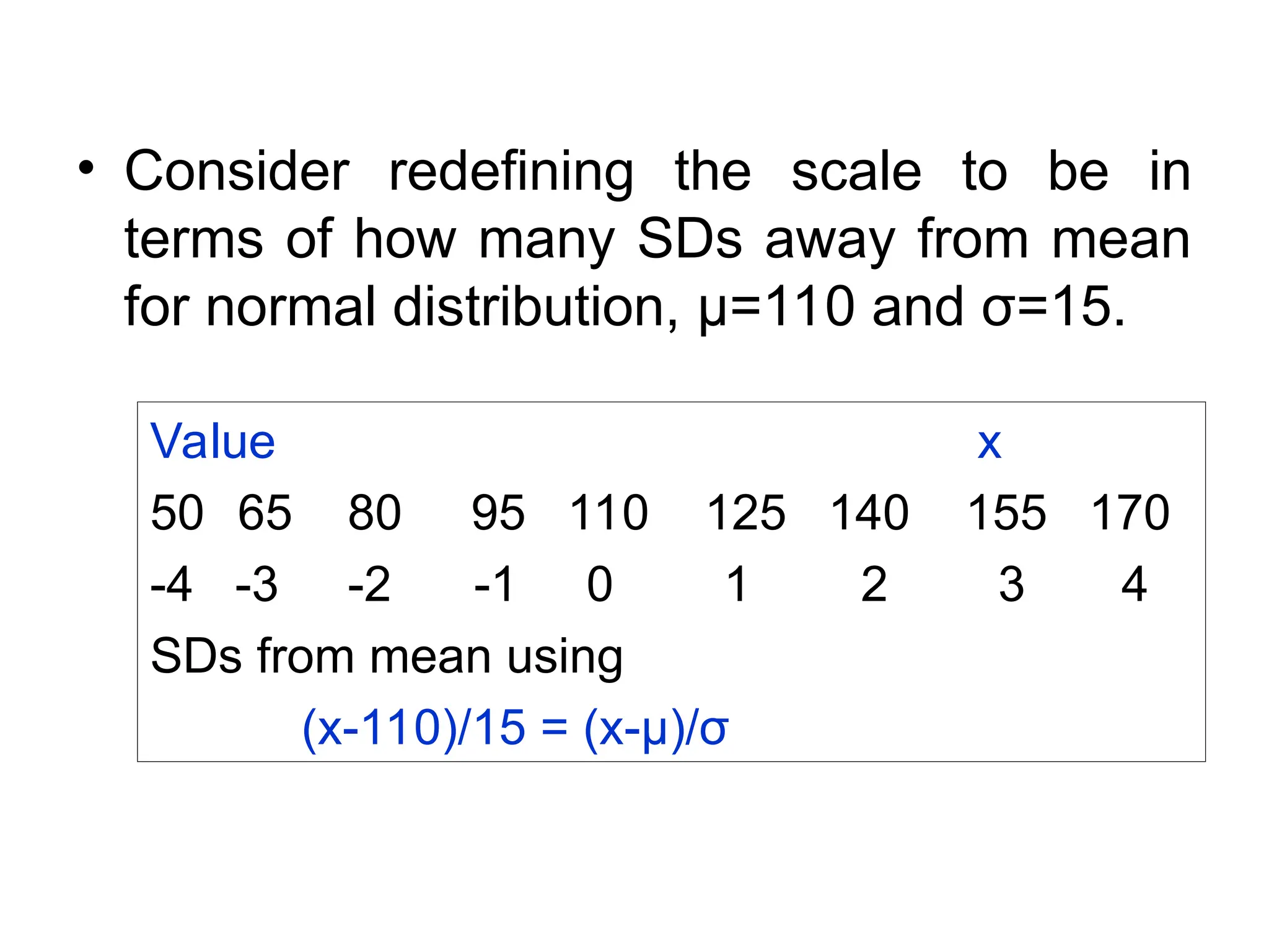 • Consider redefining the scale to be in
terms of how many SDs away from mean
for normal distribution, μ=110 and σ=15.
Value x
50 65 80 95 110 125 140 155 170
-4 -3 -2 -1 0 1 2 3 4
SDs from mean using
(x-110)/15 = (x-μ)/σ
 