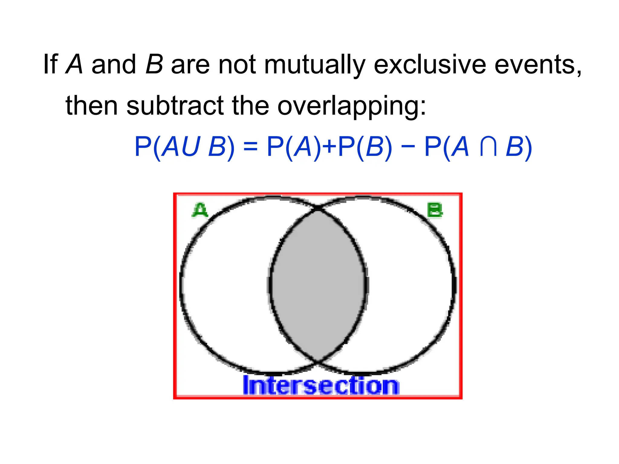 If A and B are not mutually exclusive events,
then subtract the overlapping:
P(AU B) = P(A)+P(B) − P(A ∩ B)
 