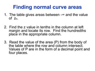 Finding normal curve areas
1. The table gives areas between -∞ and the value
of zo.
2. Find the z value in tenths in the column at left
margin and locate its row. Find the hundredths
place in the appropriate column.
3. Read the value of the area (P) from the body of
the table where the row and column intersect.
Values of P are in the form of a decimal point and
four places.
 
