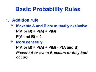 Basic Probability Rules
1. Addition rule
 If events A and B are mutually exclusive:
P(A or B) = P(A) + P(B)
P(A and B) = 0
 More generally:
P(A or B) = P(A) + P(B) - P(A and B)
P(event A or event B occurs or they both
occur)
 
