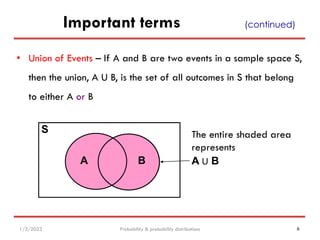 6
Important terms
• Union of Events – If A and B are two events in a sample space S,
then the union, A U B, is the set of all outcomes in S that belong
to either A or B
(continued)
A B
The entire shaded area
represents
A U B
S
1/3/2023 Probability & probability distributions
 