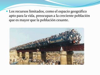  Los recursos limitados, como el espacio geográfico
apto para la vida, preocupan a la creciente población
que es mayor que la población cesante.
 