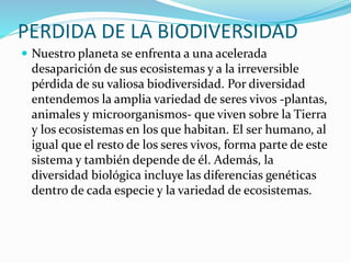 PERDIDA DE LA BIODIVERSIDAD
 Nuestro planeta se enfrenta a una acelerada
desaparición de sus ecosistemas y a la irreversible
pérdida de su valiosa biodiversidad. Por diversidad
entendemos la amplia variedad de seres vivos -plantas,
animales y microorganismos- que viven sobre la Tierra
y los ecosistemas en los que habitan. El ser humano, al
igual que el resto de los seres vivos, forma parte de este
sistema y también depende de él. Además, la
diversidad biológica incluye las diferencias genéticas
dentro de cada especie y la variedad de ecosistemas.
 
