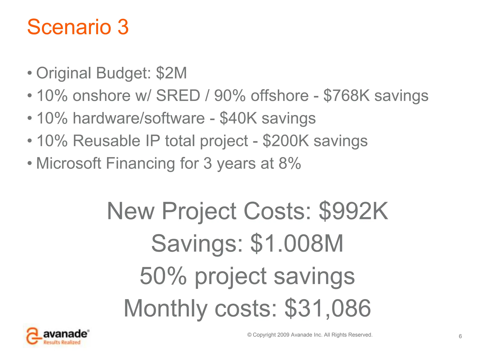 Scenario 3Original Budget: $2M10% onshore w/ SRED / 90% offshore - $768K savings10% hardware/software - $40K savings10% Reusable IP total project - $200K savingsMicrosoft Financing for 3 years at 8%New Project Costs: $992KSavings: $1.008M50% project savingsMonthly costs: $31,0866