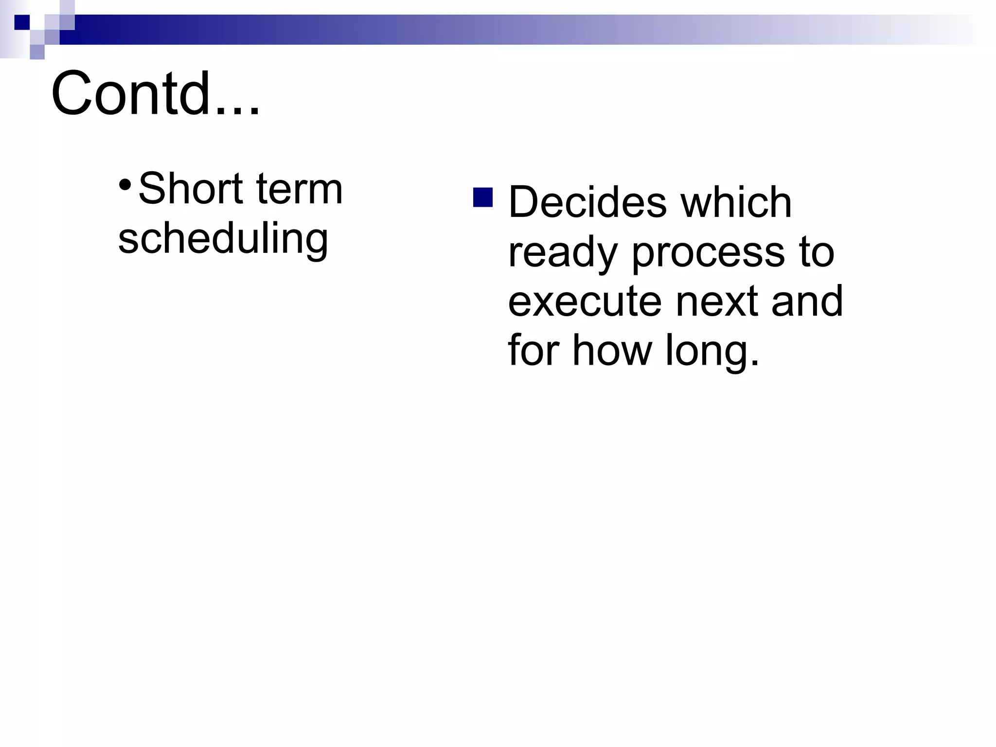 Contd...

Short term
scheduling
 Decides which
ready process to
execute next and
for how long.
 