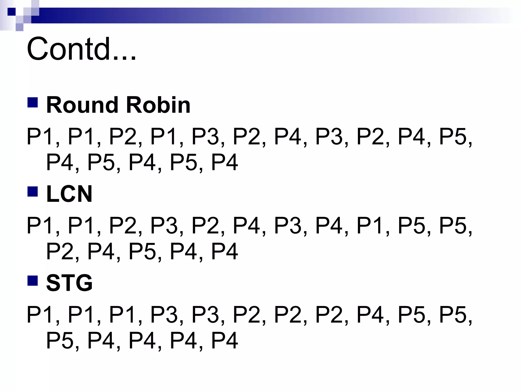 Contd...
 Round Robin
P1, P1, P2, P1, P3, P2, P4, P3, P2, P4, P5,
P4, P5, P4, P5, P4
 LCN
P1, P1, P2, P3, P2, P4, P3, P4, P1, P5, P5,
P2, P4, P5, P4, P4
 STG
P1, P1, P1, P3, P3, P2, P2, P2, P4, P5, P5,
P5, P4, P4, P4, P4
 