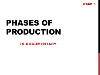 PHASES OF 
PRODUCTION 
WEEK 4 
IN DOCUMENTARY 
 