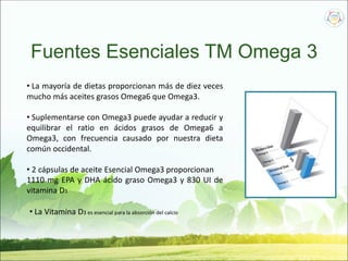 Fuentes Esenciales TM Omega 3
• La mayoría de dietas proporcionan más de diez veces
mucho más aceites grasos Omega6 que Omega3.
• Suplementarse con Omega3 puede ayudar a reducir y
equilibrar el ratio en ácidos grasos de Omega6 a
Omega3, con frecuencia causado por nuestra dieta
común occidental.
• 2 cápsulas de aceite Esencial Omega3 proporcionan
1110 mg EPA y DHA ácido graso Omega3 y 830 UI de
vitamina D3
• La Vitamina D3 es esencial para la absorción del calcio
 