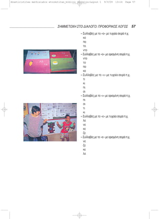 – Συλλαβές με το «ο» με τυχαία σειρά π.χ.
κο
πο
το
ντο
– Συλλαβές με το «ο» με ορισμένη σειρά π.χ.
ντο
το
πο
κο
– Συλλαβές με το «ι» με τυχαία σειρά π.χ.
τι
κι
πι
σι
– Συλλαβές με το «ι» με ορισμένη σειρά π.χ.
πι
σι
τι
κι
– Συλλαβές με το «ε» με τυχαία σειρά π.χ.
λε
νε
κε
ζε
– Συλλαβές με το «ε» με ορισμένη σειρά π.χ.
νε
ζε
κε
λε
57ΣΗΜΜΕΤΟΧΗ ΣΤΟ ΔΙΑΛΟΓΟ: ΠΡΟΦΟΡΙΚΟΣ ΛΟΓΟΣ
drastiriotites mathisiakis etoimotitas_bibliou daskalou:Layout 1 9/3/09 13:14 Page 57
 