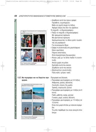 64 ΔΡΑΣΤΗΡΙΟΤΗΤΕΣ ΜΑΘΗΣΙΑΚΗΣ ΕΤΟΙΜΟΤΗΤΑΣ (ΒΙΒΛΙΟ) ΕΑΕ
1.3.7. Να περιγράφει και να διηγείται προ-
φορικά.
– Διορθώνει αυτά που έχουν γραφεί
Προσθέτει, συμπληρώνει:
Βάζει σε σωστή σειρά τις λέξεις.
Αφαιρεί λέξεις που δεν του αρέσουν.
Το παιχνίδι: «ο δημοσιογράφος»
– Παίζει το παιχνίδι: ο δημοσιογράφος:
Με πραγματικό πρόσωπο
Με φανταστικό πρόσωπο
Χρησιμοποιώντας το άδειο ρολό τουαλέ-
τας για μικρόφωνο
Για συγκεκριμένο θέμα
– Γράφει τη συνέντευξη στο μαγνητόφωνο
Κάνει ερωτήσεις
Παίρνει απαντήσεις
Ζητά περισσότερες διευκρινίσεις
– Ακούει μαζί με τα άλλα παιδιά τη συνέν-
τευξη
Ακούει χωρίς να μιλάει
Σχολιάζει αυτά που ακούει
Διορθώνει αυτά που ακούει
– Αξιολογείται η συνέντευξη:
Πολύ καλή / μέτρια / κακή
Περιγραφή και διήγηση.
– Περιγράφει φωτογραφίες με 3-4 λέξεις
Άνθρωπος, ψηλός, αδύνατος
Λουλούδι, κίτρινο, δε μυρίζει
Τραπέζι, στρογγυλό, ξύλινο
– Περιγράφει φωτογραφίες με 4 λέξεις σε 6
λεπτά
Παιδί, μαθητής, αγόρι, χοντρό
Γυναίκα, μαμά, γυαλιά, αδύνατη
– Περιγράφει φωτογραφίες με 15 λέξεις σε
15 λεπτά
Είναι ένα μικρό σπιτάκι με κόκκινα κεραμί-
δια
Τα μπλε παράθυρά του είναι ανοιχτά στον
άνεμο
ΣΤΟΧΕΥΜΕΝΕΣΔΡΑΣΤΗΡΙΟΤΗΤΕΣΣΤΗΝΑΝΑΠΤΥΞΗΤΗΣΕΚΦΡΑΣΗΣΜΕΣΑΦΗΝΕΙΑΚΑΙΑΚΡΙΒΕΙΑ
drastiriotites mathisiakis etoimotitas_bibliou daskalou:Layout 1 9/3/09 13:14 Page 64
 