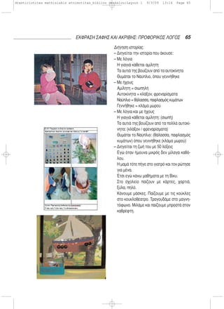 Διήγηση ιστορίας.
– Διηγείται την ιστορία που άκουσε:
– Με λόγια
Η γιαγιά κάθεται αμίλητη
Τα αυτιά της βουίζουν από τα αυτοκίνητα
Θυμάται το Ναύπλιο, όπου γεννήθηκε
– Με ήχους
Αμίλητη = σιωπηλή
Αυτοκίνητα = κλάξον, φρεναρίσματα
Ναύπλιο = θάλασσα, παφλασμός κυμάτων
Γεννήθηκε = κλάμα μωρού
– Με λόγια και με ήχους
Η γιαγιά κάθεται αμίλητη: (σιωπή)
Τα αυτιά της βουίζουν από τα πολλά αυτοκί-
νητα: (κλάξον / φρεναρίσματα)
Θυμάται το Ναύπλιο: (θάλασσα, παφλασμός
κυμάτων) όπου γεννήθηκε (κλάμα μωρού)
– Διηγείται τη ζωή του με 50 λέξεις
Εγώ όταν ήμουνα μικρός δεν μίλαγα καθό-
λου.
Η μαμά τότε πήγε στο γιατρό και τον ρώτησε
για μένα.
Έτσι εγώ κάνω μαθήματα με τη Βίκυ.
Στο σχολείο παίζουν με κάρτες, χαρτιά,
ξύλα, πηλό.
Κάνουμε μάσκες. Παίζουμε με τις κούκλες
στο κουκλοθέατρο. Τραγουδάμε στο μαγνη-
τόφωνο. Μιλάμε και παίζουμε μπροστά στον
καθρέφτη.
65ΕΚΦΡΑΣΗ ΣΑΦΗΣ ΚΑΙ ΑΚΡΙΒΗΣ: ΠΡΟΦΟΡΙΚΟΣ ΛΟΓΟΣ
drastiriotites mathisiakis etoimotitas_bibliou daskalou:Layout 1 9/3/09 13:14 Page 65
 