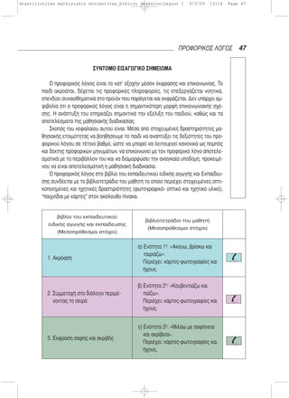47ΠΡΟΦΟΡΙΚΟΣ ΛΟΓΟΣ
ΣΥΝΤΟΜΟ ΕΙΣΑΓΩΓΙΚΟ ΣΗΜΕΙΩΜΑ
Ο προφορικός λόγος είναι το κατ’ εξοχήν μέσον έκφρασης και επικοινωνίας. Το
παιδί ακροάται, δέχεται τις προφορικές πληροφορίες, τις επεξεργάζεται νοητικά,
επενδύει συναισθηματικά στο προϊόν που παράγεται και εκφράζεται. Δεν υπάρχει αμ-
φιβολία ότι ο προφορικός λόγος είναι η σημαντικότερη μορφή επικοινωνιακής σχέ-
σης. Η ανάπτυξή του επηρεάζει σημαντικά την εξέλιξη του παιδιού, καθώς και τα
αποτελέσματα της μαθησιακής διαδικασίας.
Σκοπός του κεφαλαίου αυτού είναι: Μέσα από στοχευμένες δραστηριότητες μα-
θησιακής ετοιμότητας να βοηθήσουμε το παιδί να αναπτύξει τις δεξιότητες του προ-
φορικού λόγου σε τέτοιο βαθμό, ώστε να μπορεί να λειτουργεί κανονικά ως πομπός
και δέκτης προφορικών μηνυμάτων, να επικοινωνεί με τον προφορικό λόγο αποτελε-
σματικά με το περιβάλλον του και να διαμορφώσει την αναγκαία υποδομή, προκειμέ-
νου να είναι αποτελεσματική η μαθησιακή διαδικασία.
Ο προφορικός λόγος στο βιβλίο του εκπαιδευτικού ειδικής αγωγής και Εκπαίδευ-
σης συνδέεται με το βιβλιοτετράδιο του μαθητή το οποίο περιέχει στοχευμένες οπτι-
κοποιημένες και ηχητικές δραστιριότητες (φωτογραφικό- οπτικό και ηχητικό υλικό),
“παιχνίδια με κάρτες” στον ακόλουθο πίνακα.
βιβλίο του εκπαιδευτικού
ειδικής αγωγής και εκπαίδευσης
(Μεσοπρόθεσμοι στόχοι)
βιβλιοτετράδιο του μαθητή
(Μεσοπρόθεσμοι στόχοι)
1. Ακρόαση
α) Ενότητα 1η
: «Ακούω, βρίσκω και
ταιριάζω».
Περιέχει: κάρτες-φωτογραφίες και
ήχους.
2. Συμμετοχή στο διάλογο περιμέ-
νοντας τη σειρά
β) Ενότητα 2η
: «Κουβεντιάζω και
παίζω».
Περιέχει: κάρτες-φωτογραφίες και
ήχους.
3. Έκφραση σαφής και ακριβής
γ) Ενότητα 3η
: «Μιλάω με σαφήνεια
και ακρίβεια».
Περιέχει: κάρτες-φωτογραφίες και
ήχους.
drastiriotites mathisiakis etoimotitas_bibliou daskalou:Layout 1 9/3/09 13:14 Page 47
 