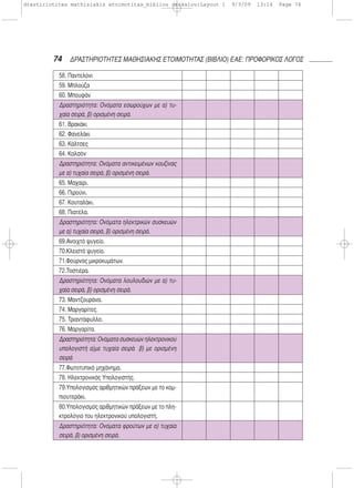 74 ΔΡΑΣΤΗΡΙΟΤΗΤΕΣ ΜΑΘΗΣΙΑΚΗΣ ΕΤΟΙΜΟΤΗΤΑΣ (ΒΙΒΛΙΟ) ΕΑΕ: ΠΡΟΦΟΡΙΚΟΣ ΛΟΓΟΣ
58. Παντελόνι
59. Μπλούζα
60. Μπουφάν
Δραστηριότητα: Ονόματα εσωρούχων με α) τυ-
χαία σειρά, β) ορισμένη σειρά.
61. Βρακάκι
62. Φανελάκι
63. Κάλτσες
64. Καλσόν
Δραστηριότητα: Ονόματα αντικειμένων κουζίνας
με α) τυχαία σειρά, β) ορισμένη σειρά.
65. Μαχαίρι.
66. Πιρούνι.
67. Κουταλάκι.
68. Πιατέλα.
Δραστηριότητα: Ονόματα ηλεκτρικών συσκευών
με α) τυχαία σειρά, β) ορισμένη σειρά.
69.Ανοιχτό ψυγείο.
70.Κλειστό ψυγείο.
71.Φούρνος μικροκυμάτων.
72.Τοστιέρα.
Δραστηριότητα: Ονόματα λουλουδιών με α) τυ-
χαία σειρά, β) ορισμένη σειρά.
73. Μαντζουράνα.
74. Μαργαρίτες.
75. Τριαντάφυλλο.
76. Μαργαρίτα.
Δραστηριότητα: Ονόματα συσκευών ηλεκτρονικού
υπολογιστή α)με τυχαία σειρά β) με ορισμένη
σειρά
77.Φωτοτυπικό μηχάνημα.
78. Ηλεκτρονικός Υπολογιστής.
79.Υπολογισμός αριθμητικών πράξεων με το κομ-
πιουτεράκι.
80.Υπολογισμός αριθμητικών πράξεων με το πλη-
κτρολόγιο του ηλεκτρονικού υπολογιστή.
Δραστηριότητα: Ονόματα φρούτων με α) τυχαία
σειρά, β) ορισμένη σειρά.
drastiriotites mathisiakis etoimotitas_bibliou daskalou:Layout 1 9/3/09 13:14 Page 74
 
