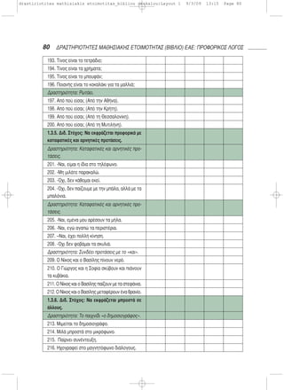 80 ΔΡΑΣΤΗΡΙΟΤΗΤΕΣ ΜΑΘΗΣΙΑΚΗΣ ΕΤΟΙΜΟΤΗΤΑΣ (ΒΙΒΛΙΟ) ΕΑΕ: ΠΡΟΦΟΡΙΚΟΣ ΛΟΓΟΣ
193. Τίνος είναι το τετράδιο;
194. Τίνος είναι τα χρήματα;
195. Τίνος είναι το μπουφάν;
196. Ποιανής είναι το κοκαλάκι για τα μαλλιά;
Δραστηριότητα: Ρωτάει.
197. Από πού είσαι; (Από την Αθήνα).
198. Από πού είσαι; (Από την Κρήτη).
199. Από πού είσαι; (Από τη Θεσσαλονίκη).
200. Από πού είσαι; (Από τη Μυτιλήνη).
1.3.5. Διδ. Στόχος: Να εκφράζεται προφορικά με
καταφατικές και αρνητικές προτάσεις.
Δραστηριότητα: Καταφατικές και αρνητικές προ-
τάσεις.
201. -Ναι, είμαι η ίδια στο τηλέφωνο.
202. -Μη μιλάτε παρακαλώ.
203. -Όχι, δεν κάθομαι εκεί.
204. -Όχι, δεν παίζουμε με την μπάλα, αλλά με τα
μπαλόνια.
Δραστηριότητα: Καταφατικές και αρνητικές προ-
τάσεις.
205. -Ναι, εμένα μου αρέσουν τα μήλα.
206. -Ναι, εγώ αγαπώ τα περιστέρια.
207. –Ναι, έχει πολλή κίνηση.
208. -Όχι δεν φοβάμαι τα σκυλιά.
Δραστηριότητα: Συνδέει προτάσεις με το «και».
209. Ο Νίκος και ο Βασίλης πίνουν νερό.
210. Ο Γιώργος και η Σοφία σκύβουν και πιάνουν
τα κυβάκια.
211. Ο Νίκος και ο Βασίλης παίζουν με τα στεφάνια.
212. Ο Νίκος και ο Βασίλης μεταφέρουν ένα θρανίο.
1.3.6. Διδ. Στόχος: Να εκφράζεται μπροστά σε
άλλους.
Δραστηριότητα: Το παιχνίδι «ο δημοσιογράφος».
213. Μιμείται το δημοσιογράφο.
214. Μιλά μπροστά στο μικρόφωνο.
215. Παίρνει συνέντευξη.
216. Ηχογραφεί στο μαγνητόφωνο διάλογους.
drastiriotites mathisiakis etoimotitas_bibliou daskalou:Layout 1 9/3/09 13:15 Page 80
 