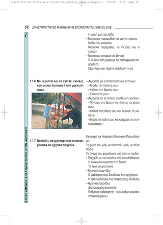 52 ΔΡΑΣΤΗΡΙΟΤΗΤΕΣ ΜΑΘΗΣΙΑΚΗΣ ΕΤΟΙΜΟΤΗΤΑΣ (ΒΙΒΛΙΟ) ΕΑΕ
1.1.6. Να ακροάται και να εκτελεί εντολές
που ακούει ζωντανά ή από μαγνητό-
φωνο.
1.1.7. Να παίζει, να ηχογραφεί και να ακούει
μουσικά και ηχητικά παιχνίδια.
Η μικρή μας αγελάδα
– Μουσικών παραμυθιών σε μαγνητόφωνο:
Μύθοι του Αισώπου
Μουσικά παραμύθια, «ο Πέτρος και ο
λύκος»
– Μουσικών ιστοριών σε βίντεο:
Ο κλόουν στη χώρα με τις πολύχρωμες κα-
ραμέλες
Εξωγήινοι και τέρατα απειλούν τη γη
– Ακρόαση και εκτέλεση απλών εντολών:
«Άνοιξε την τσάντα σου»
«Κάθισε στο θρανίο σου»
«Έλα κοντά μου».
– Ακρόαση και εκτέλεση σύνθετων εντολών:
«Πήγαινε στη βρύση να πλύνεις τα χέρια
σου».
«Κάθισε στη θέση σου και άκουσε τη κα-
σέτα».
«Βγάλε το παλτό σου και κρέμασέ το στην
κρεμάστρα».
Εγγραφή και Ακρόαση Μουσικών Παιχνιδιών
με:
Τη φωνή του, μαζί με ένα παιδί / μαζί με άλλα
παιδιά
Το όνομά του χορωδιακά από όλα τα παιδιά
– Παιχνίδι με τις κούκλες στο κουκλοθέατρο
Η κοκκινοσκουφίτσα στο δάσος
Τα τρία γουρουνάκια
– Μουσικά παιχνίδια:
Ο μαέστρος που διευθύνει την ορχήστρα
Η τραγουδίστρια της όπερας (π.χ. Κάλλας)
– Ηχητικά παιχνίδια:
Διαγωνισμός αναπνοής
Ρυθμικός καθρέφτης: «ό,τι ρυθμό ακούσει
επαναλαμβάνει»
ΣΤΟΧΕΥΜΕΝΕΣΔΡΑΣΤΗΡΙΟΤΗΤΕΣΣΤΗΝΑΚΡΟΑΣΗ
drastiriotites mathisiakis etoimotitas_bibliou daskalou:Layout 1 9/3/09 13:14 Page 52
 