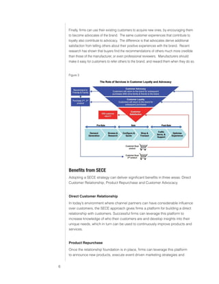 0)4 .SVIHS )ZPULZZ :LY]PJLZ



                               Finally, firms can use their existing customers to acquire new ones, by encouraging Learned
                                                                                                          Lessons them

                               to become advocates of the brand. The same customer experiences that contribute to
                               loyalty also contribute to advocacy. The difference is that advocates derive additional
                               satisfaction from telling others about their positive experiences with the brand. Recent
                               research has shown that buyers find the recommendations of others much more credible
                               than those of the manufacturer, or even professional reviewers. Manufacturers should
                               make it easy for customers to refer others to the brand, and reward them when they do so.


                               Figure 3




                               )LULMP[Z MYVT :,*,
                               Adopting a SECE strategy can deliver significant benefits in three areas: Direct
                               Customer Relationship, Product Repurchase and Customer Advocacy.


                               Direct Customer Relationship
                               In today’s environment where channel partners can have considerable influence
                               over customers, the SECE approach gives firms a platform for building a direct
                               relationship with customers. Successful firms can leverage this platform to
                               increase knowledge of who their customers are and develop insights into their
                               unique needs, which in turn can be used to continuously improve products and
                               services.


                               Product Repurchase
                               Once the relationship foundation is in place, firms can leverage this platform
                               to announce new products, execute event driven marketing strategies and


                           
 