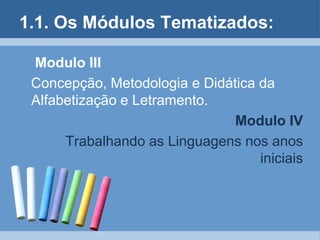 1.1. Os Módulos Tematizados:Modulo III   Concepção, Metodologia e Didática da Alfabetização e Letramento.Modulo IVTrabalhando as Linguagens nos anos iniciais