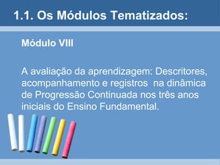 1.1. Os Módulos Tematizados:Módulo VIII  A avaliação da aprendizagem: Descritores, acompanhamento e registros  na dinâmica de Progressão Continuada nos três anos iniciais do Ensino Fundamental.