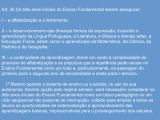 Art. 30 Os três anos iniciais do Ensino Fundamental devem assegurar:I – a alfabetização e o letramento;II – o desenvolvimento das diversas formas de expressão, incluindo o aprendizado da Língua Portuguesa, a Literatura, a Música e demais artes, a Educação Física, assim como o aprendizado da Matemática, da Ciência, da História e da Geografia;III – a continuidade da aprendizagem, tendo em conta a complexidade do processo de alfabetização e os prejuízos que a repetência pode causar no Ensino Fundamental como um todo e, particularmente, na passagem do primeiro para o segundo ano de escolaridade e deste para o terceiro.§ 1º Mesmo quando o sistema de ensino ou a escola, no uso de sua autonomia, fizerem opção pelo regime seriado, será necessário considerar os três anos iniciais do Ensino Fundamental como um bloco pedagógico ou um ciclo seqüencial não passível de interrupção, voltado para ampliar a todos os alunos as oportunidades de sistematização e aprofundamento das aprendizagens básicas, imprescindíveis para o prosseguimento dos estudos.