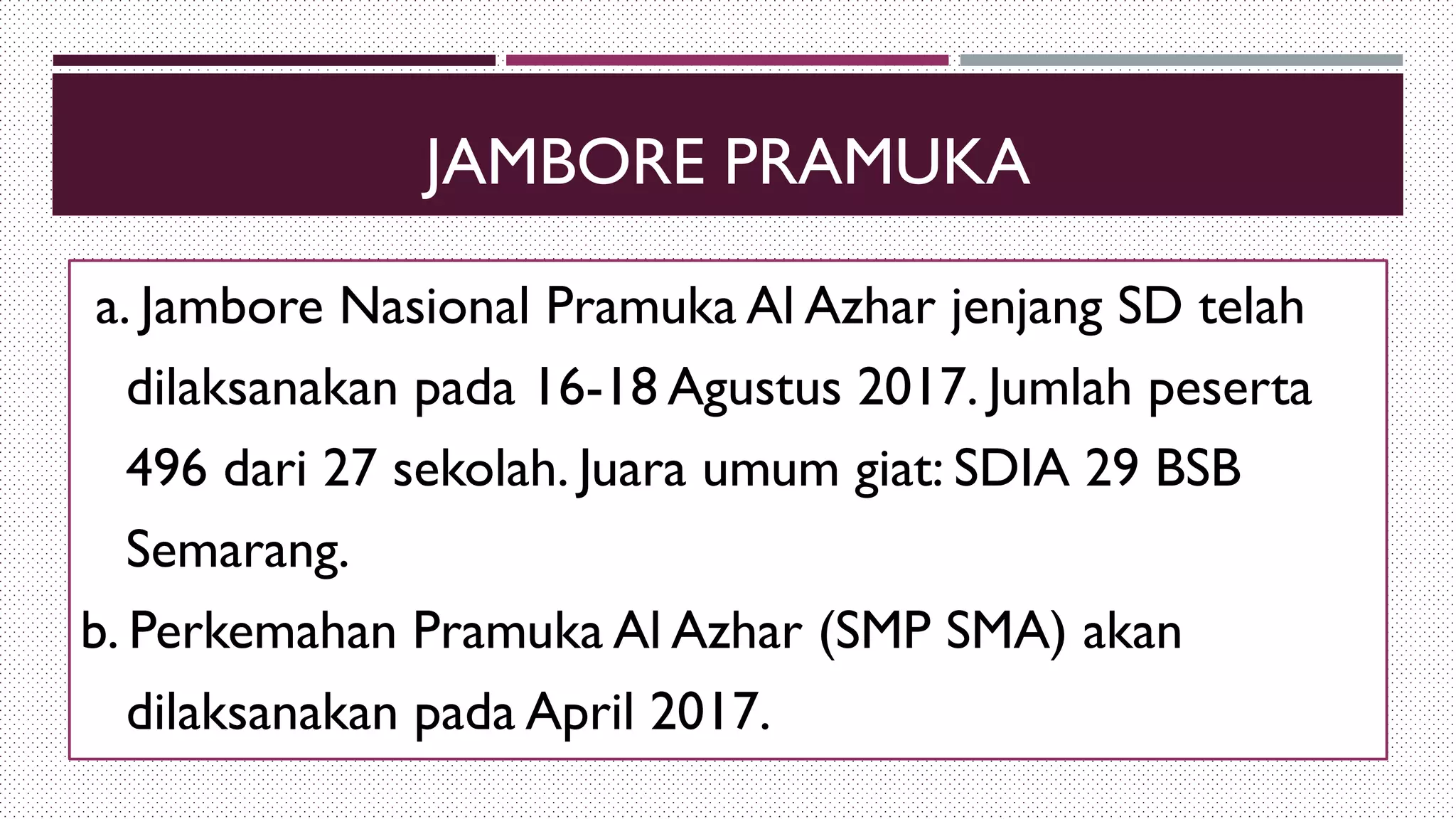 JAMBORE PRAMUKA
a. Jambore Nasional Pramuka Al Azhar jenjang SD telah
dilaksanakan pada 16-18 Agustus 2017. Jumlah peserta
496 dari 27 sekolah. Juara umum giat: SDIA 29 BSB
Semarang.
b. Perkemahan Pramuka Al Azhar (SMP SMA) akan
dilaksanakan pada April 2017.
 