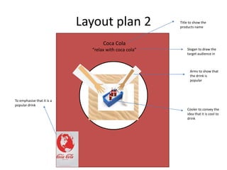 Layout plan 2
Coca Cola
“relax with coca cola”
Title to show the
products name
Slogan to draw the
target audience in
Arms to show that
the drink is
popular
Cooler to convey the
idea that it is cool to
drink
To emphasise that it is a
popular drink
 