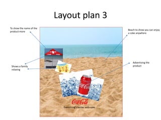 Layout plan 3
Everything's better with coke
Advertising the
product
Beach to show you can enjoy
a coke anywhere
Shows a family
relaxing
To show the name of the
product more
 