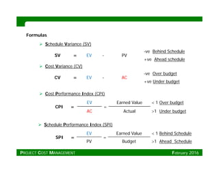Formulas
-ve Behind Schedule
 Schedule Variance (SV)
-ve Over budget
 Cost Variance (CV)
SV = EV - PV
ve Behind Schedule
+ve Ahead schedule
 Cost Performance Index (CPI)
CV = EV - AC
-ve Over budget
+ve Under budget
CPI =
EV
=
Earned Value  1 Over budget
AC Actual 1 Under budget
 Cost Performance Index (CPI)
SPI =
EV
=
Earned Value  1 Behind Schedule
 Schedule Performance Index (SPI)
SPI = =
PV Budget 1 Ahead Schedule
PROJECT COST MANAGEMENT February 2016
 