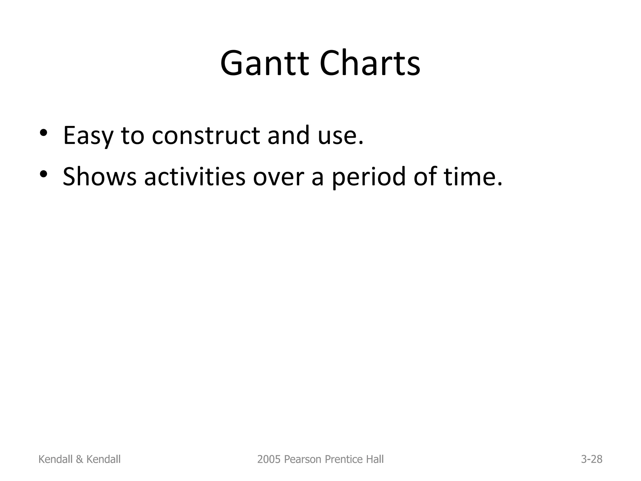 Gantt Charts Easy to construct and use. Shows activities over a period of time. Kendall & Kendall 2005 Pearson Prentice Hall 3- 
