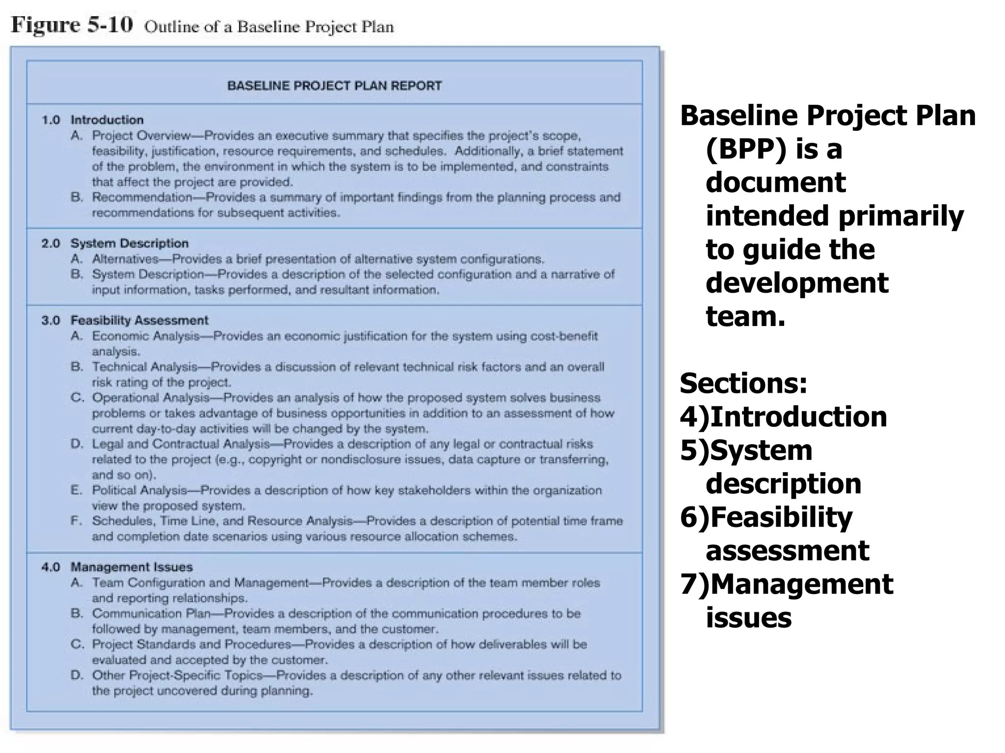 Baseline Project Plan (BPP) is a document intended primarily to guide the development team. Sections: Introduction System description Feasibility assessment Management issues 