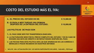 COSTO DEL ESTUDIO MÁS EL IVA:
A.- EL PRECIO DEL ESTUDIO ES DE: $ 12,000.00
B.- SI PAGA A MÁS TARDAR UNA SEMANA
DESPUÉS DE LA ENTREGA DEL ESTUDIO: $ 10,000.00
LAS POLÍTICAS DE PAGO SON
1.- EL PAGO DEBE SER POR TRANSFERENCIA BANCARIA.
2.- LA FACTURACIÓN SERÁ POR EL PRECIO COMPLETO DEL ESTUDIO, Y EN SU CASO SE
ENVIARÁ UNA NOTA DE CRÉDITO O SE REFACTURARÁ DESPUÉS DEL PAGO.
3.- LAS FECHAS PARA ESTA POLÍTICA SON LAS QUE APAREZCAN EN LOS CORREOS O
MENSAJES O PAGOS RECIBIDOS EN NUESTROS SISTEMAS
 INCLUYE UNA ACTUALIZACIÓN CON LOS NUEVOS PARTICIPANTES INCLUIDOS, CADA MES….POR Email.
*DERECHOS RESERVADOS
11
 