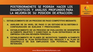 POSTERIORMENETE SE PODRÁN HACER LOS
DIAGNÓSTICOS Y ANÁLISIS PROFUNDOS PARA
LA MEJORÍA DE SU POSICIÓN DE ATRACCIÓN:
1.- ESTABLECIMIENTO DE UN PROCESO DE PAGO COMPETITIVO MEDIANTE:
A. ANÁLISIS DE SU NIVEL DE PAGO O UN ESTUDIO DE SU SISTEMA O
CONFIGURACIÓN DE SUELDOS Y PRESTACIONES.
A. ESTABLECIMIENTO DE UN PROCESO DE EVALUACIÓN DE DESEMPEÑO
ALTAMENTE OBJETIVO Y CONECTADO AL PLAN ESTRATÉGICO DE SU
EMPRESA CON UNA REVISIÓN PERIÓDICA.
B. ESTABLECIMIENTO DE PLANES DE INCENTIVOS TAMBIÉN ALTAMENTE
CONECTADOS AL PLAN ESTRATÉGICO DEL NEGOCIO Y AL PLAN DE
DESARROLLO DE SUS EMPLEADOS CON POTENCIAL PARA SU
RETENCIÓN.
*DERECHOS RESERVADOS
12
www.RetencionTalentoHumano.com
 