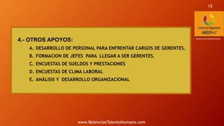 4.- OTROS APOYOS:
A. DESARROLLO DE PERSONAL PARA ENFRENTAR CARGOS DE GERENTES.
B. FORMACION DE JEFES PARA LLEGAR A SER GERENTES.
C. ENCUESTAS DE SUELDOS Y PRESTACIONES
D. ENCUESTAS DE CLIMA LABORAL
E. ANÁLISIS Y DESARROLLO ORGANIZACIONAL
*DERECHOS RESERVADOS
15
www.RetencionTalentoHumano.com
 