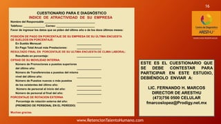 CUESTIONARIO PARA E DIAGNÓSTICO
INDICE DE ATRACTIVIDAD DE SU EMPRESA_
Nombre del Responsable _________________________________
Teléfono: ______________ Correo: _________________________
Favor de ingresar los datos que se piden del último año o de los doce últimos meses:
POSICIÓN DE PAGO EN PORCENTAJE DE SU EMPRESA DE SU ÚLTIMA ENCUESTA
DE SUELDOS EN PORCENTAJE:
En Sueldo Mensual: ________________
En Pago Total Anual más Prestaciones: ________________
RESULTADO FINAL EN PORCENTAJE DE SU ULTIMA ENCUESTA DE CLIMA LABORAL:
Resultado en porcentaje: ________________
CIFRAS DE SU MOVILIDAD INTERNA:
Número de Promociones a puestos superiores
del último año: ________________
Número de Transferencias a puestos del mismo
nivel del último año: ________________
Número de Puestos nuevos o más puestos
de los existentes del último año: ________________
Número de personal al inicio del año: ________________
Número de personal al final del año: ________________
PORCENTAJE DE ROTACION EXTERNA
Porcentaje de rotación externa del año: ________________
(PROMEDIO DE PERSONAL EN EL PERÍODO)
Muchas gracias.
*DERECHOS RESERVADOS
ESTE ES EL CUESTIONARIO QUE
SE DEBE CONTESTAR PARA
PARTICIPAR EN ESTE ESTUDIO,
DEBIÉNDOLO ENVIAR A:
LIC. FERNANDO H. MARCOS
DIRECTOR DE ARESTHU
(473)756 0500 CELULAR
fmarcoslopez@Prodigy.net.mx
16
www.RetencionTalentoHumano.com
 