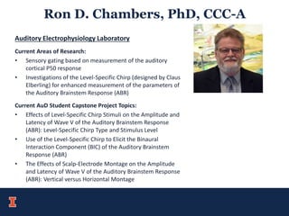 Ron D. Chambers, PhD, CCC-A
Auditory Electrophysiology Laboratory
Current Areas of Research:
• Sensory gating based on measurement of the auditory
cortical P50 response
• Investigations of the Level-Specific Chirp (designed by Claus
Elberling) for enhanced measurement of the parameters of
the Auditory Brainstem Response (ABR)
Current AuD Student Capstone Project Topics:
• Effects of Level-Specific Chirp Stimuli on the Amplitude and
Latency of Wave V of the Auditory Brainstem Response
(ABR): Level-Specific Chirp Type and Stimulus Level
• Use of the Level-Specific Chirp to Elicit the Binaural
Interaction Component (BIC) of the Auditory Brainstem
Response (ABR)
• The Effects of Scalp-Electrode Montage on the Amplitude
and Latency of Wave V of the Auditory Brainstem Response
(ABR): Vertical versus Horizontal Montage
 