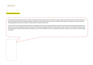 SITUACION SIGNIFICATIVA:
En este proyecto de aprendizaje los niños y niñas de la Institución Educativa Inicial muestran un gran amor e interés cuando se encuentran en aulas y entornos limpios en el
jardín. Esta apreciación los lleva a plantearse preguntas importantes: ¿Qué podemos hacer para cuidar el ambiente? ¿Cómo podemos sensibilizar a otras personas? ¿Qué
estrategias podemos emplear para recuperar y cultivar plantas en espacios comunitarios?
En este proyecto, los niños desarrollarán competencias y habilidades al enfrentarse a situaciones desafiantes. Comenzarán identificando el estado actual del ambiente en el
que viven y, a través de la reflexión, tomarán conciencia de la importancia del cuidado ambiental. Se comprometerán a cuidar el entorno que los rodea. Propondremos que
los niños apliquen lo aprendido utilizando tanto el lenguaje oral como escrito. Reflexionarán sobre la importancia de preservar el agua, el aire y el suelo en su jardín, hogar y
comunidad
 