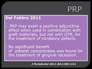 Del Fabbro 2011
 PRP may exert a positive adjunctive
effect when used in combination with
graft materials, but not with GTR, for
the treatment of intrabony defects.
 No significant benefit
of platelet concentrates was found for
the treatment of gingival recession.
J Periodontol 2011 ;82:1100-1111
 