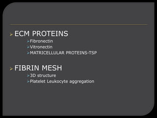  ECM PROTEINS
Fibronectin
Vitronectin
MATRICELLULAR PROTEINS-TSP
 FIBRIN MESH
3D structure
Platelet Leukocyte aggregation
 