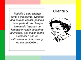 Rodolfo é uma criança gentil e inteligente. Quando não está na escola, passa a maior parte do seu tempo livre lendo histórias de fantasia e vendo desenhos animados. Seu maior sonho é crescer e ser um astronauta, ou um cowboy, ou um bombeiro... 
Cliente 5  