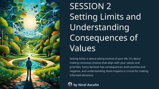 SESSION 2
Setting Limits and
Understanding
Consequences of
Values
Setting limits is about taking control of your life. It's about
making conscious choices that align with your values and
priorities. Every decision has consequences, both positive and
negative, and understanding those impacts is crucial for making
informed decisions.
by Nicel Ascaño
 