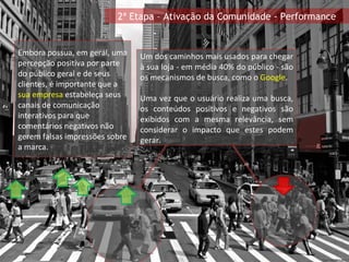 Um dos caminhos mais usados para chegar à sua loja - em média 40% do público - são os mecanismos de busca, como o  Google .  Uma vez que o usuário realiza uma busca, os conteúdos positivos e negativos são exibidos com a mesma relevância, sem considerar o impacto que estes podem gerar. Embora possua, em geral, uma percepção positiva por parte do público geral e de seus clientes, é importante que a  sua empresa  estabeleça seus canais de comunicação interativos para que comentários negativos não gerem falsas impressões sobre a marca. 2ª Etapa – Ativação da Comunidade - Performance 