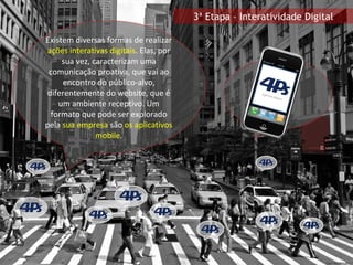 3ª Etapa – Interatividade Digital Existem diversas formas de realizar  ações interativas digitais . Elas, por sua vez, caracterizam uma comunicação proativa, que vai ao encontro do público-alvo, diferentemente do website, que é um ambiente receptivo. Um formato que pode ser explorado pela  sua empresa  são  os aplicativos mobile . 