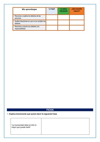 Mis aprendizajes Lo logré Lo estoy
intentando
¿Qué necesito
mejorar?
- Reconoce y explica los deberes de las
personas.
- Analiza situaciones en que no se cumplen los
deberes.
- Reconoce y asume sus deberes con
responsabilidad.
FICHA
1. Explica brevemente qué quiere decir la siguiente frase
“La humanidad debe al niño lo
mejor que puede darle”
 