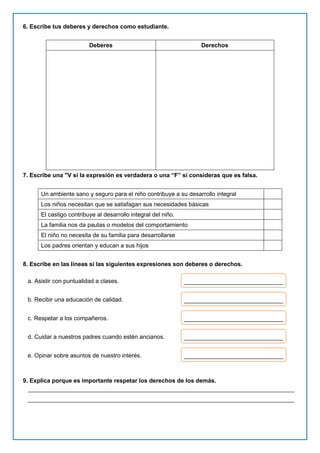 6. Escribe tus deberes y derechos como estudiante.
Deberes Derechos
7. Escribe una "V si la expresión es verdadera o una “F” si consideras que es falsa.
Un ambiente sano y seguro para el niño contribuye a su desarrollo integral
Los niños necesitan que se satisfagan sus necesidades básicas
El castigo contribuye al desarrollo integral del niño.
La familia nos da pautas o modelos del comportamiento
El niño no necesita de su familia para desarrollarse
Los padres orientan y educan a sus hijos
8. Escribe en las líneas si las siguientes expresiones son deberes o derechos.
a. Asistir con puntualidad a clases.
b. Recibir una educación de calidad.
c. Respetar a los compañeros.
d. Cuidar a nuestros padres cuando estén ancianos.
e. Opinar sobre asuntos de nuestro interés.
9. Explica porque es importante respetar los derechos de los demás.
_________________________________________________________________________________
_________________________________________________________________________________
 