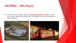HISTÓRIA - (4Ps-Praça)
 Em 1945 em Porto Alegre nasce a primeira franqueada no Brasil da marca
com a então “Industrial de Refrescos” que depois veio a ser comprada pela
empresa Vonpar:
 