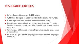RESULTADOS OBTIDOS
 Hoje a Coca está em mais de 200 países;
 1,4 bilhão de copos de Coca vendidos todos os dias no mundo;
 É o refrigerante mais vendido no mundo desde 1886;
 Patrocina os Jogos Olímpicos de Inverno e de Verão, Copa do
Mundo de todas as categorias, NBA, corrida Nascar, entre outros
esportes;
 Tem mais de 500 marcas entre refrigerantes, aguás, chás, sucos
e energéticos
 No Brasil ela gera 38.000 empregos diretos e 340.000 empregos
indiretos;
 