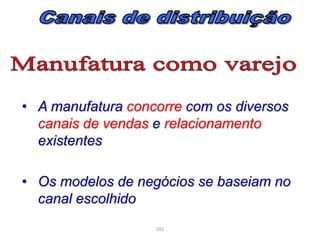 • A manufatura concorre com os diversos
canais de vendas e relacionamento
existentes
• Os modelos de negócios se baseiam no
canal escolhido
101

 